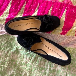 Sacha London Black Suede chunky platform heel shoes with floral accent. Size 6.